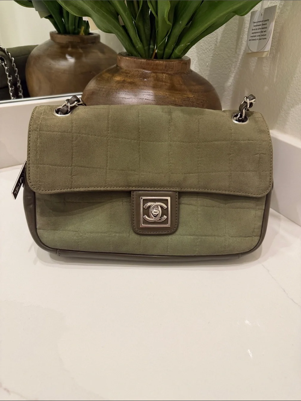 CHANEL Quilted Suede Shoulder Bag in Olive Green with Silver Hardware